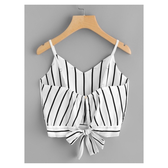 White Black Striped Back Tie Cami Crop Top - Picture 3 of 4